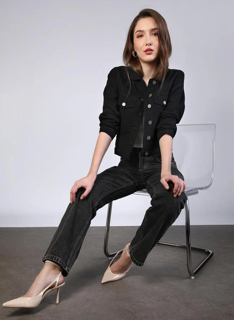Urbano Fashion  Urbano Fashion Women's Black Regular Fit Washed Full Sleeve Denim Jacket for Women | Best Price UAE